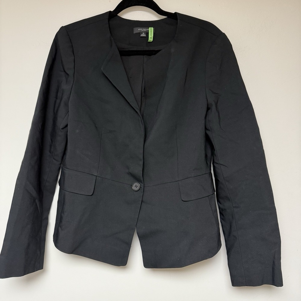 Ann Taylor Blazer Women 10 Black Excellent Collarless Peplum Back Structured
